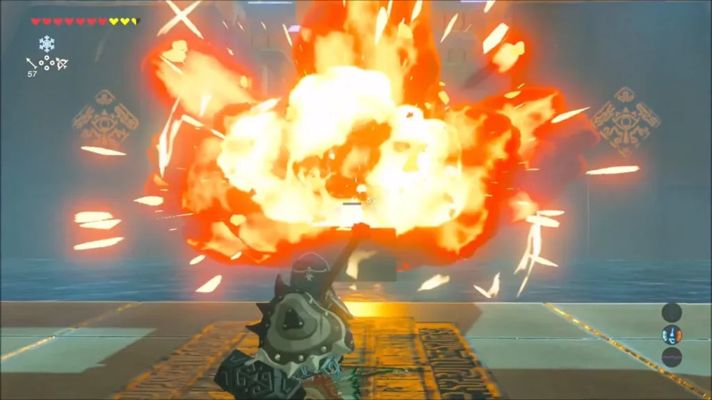 Link shooting an arrow at the Guardian Scout, ending in a fiery blast Link shooting an arrow at the Guardian Scout, ending in a fiery blast