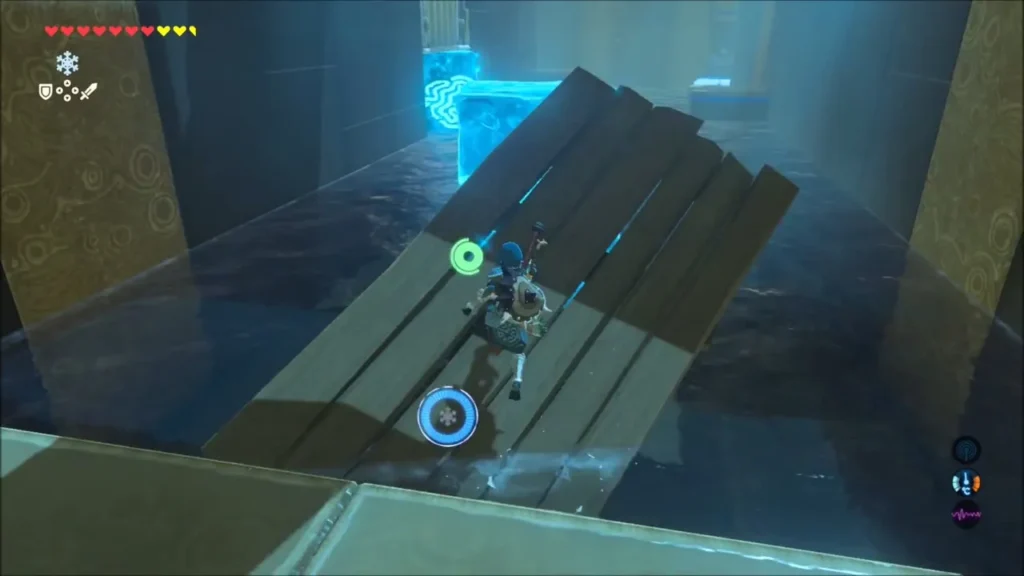 Link riding the wooden raft across the shrine water Link riding the wooden raft across the shrine water