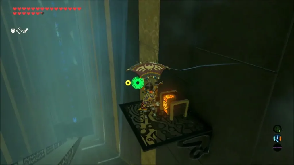 Link gliding onto a ledge beside a glowing chest Link gliding onto a ledge beside a glowing chest