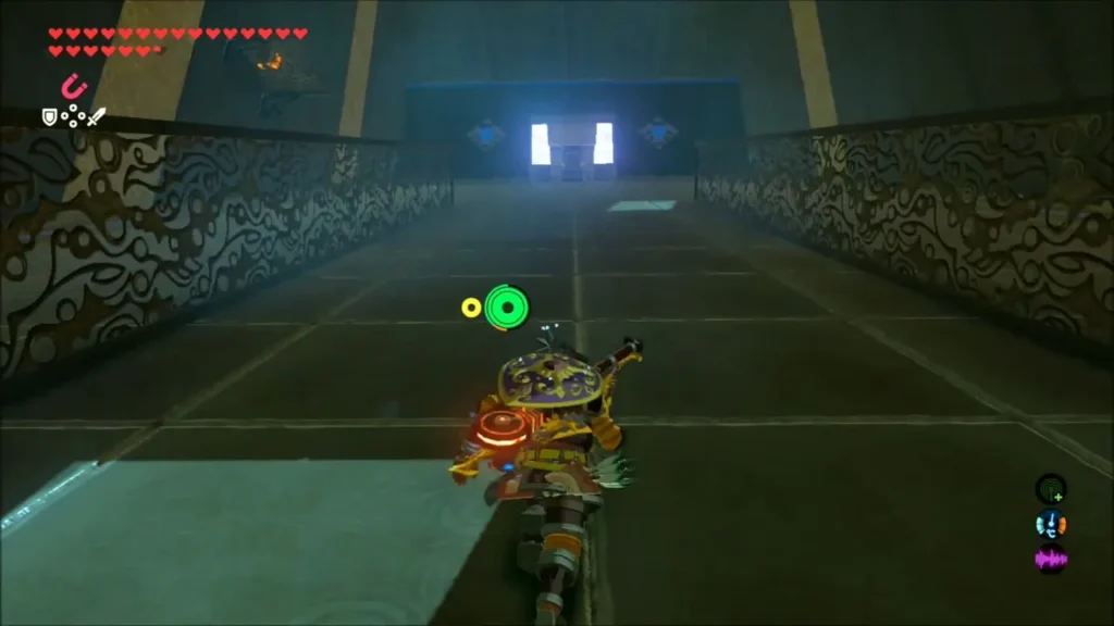 Link running up the long incline toward the glowing top of the shrine Link running up the long incline toward the glowing top of the shrine