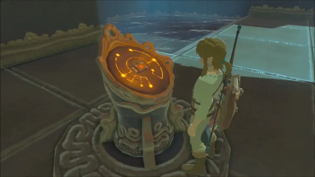 Link at the glowing pedestal that unlocks Cryonis in Keh Namut Shrine Link at the glowing pedestal that unlocks Cryonis in Keh Namut Shrine