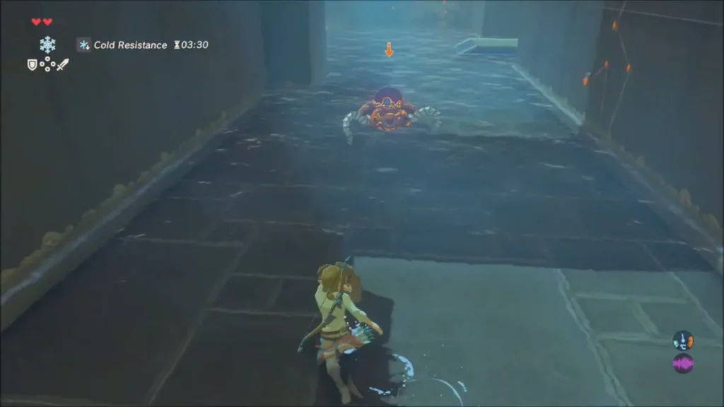 Link creeping toward the Guardian Scout in the corridor Link creeping toward the Guardian Scout in the corridor