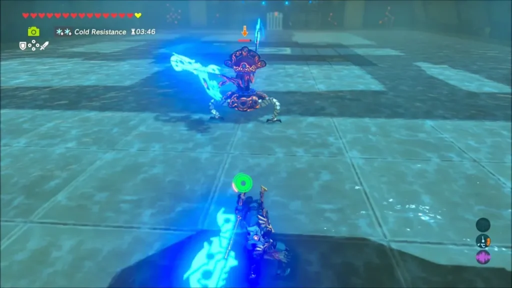 Link closing in on the Guardian Scout as its glowing axe swings Link closing in on the Guardian Scout as its glowing axe swings