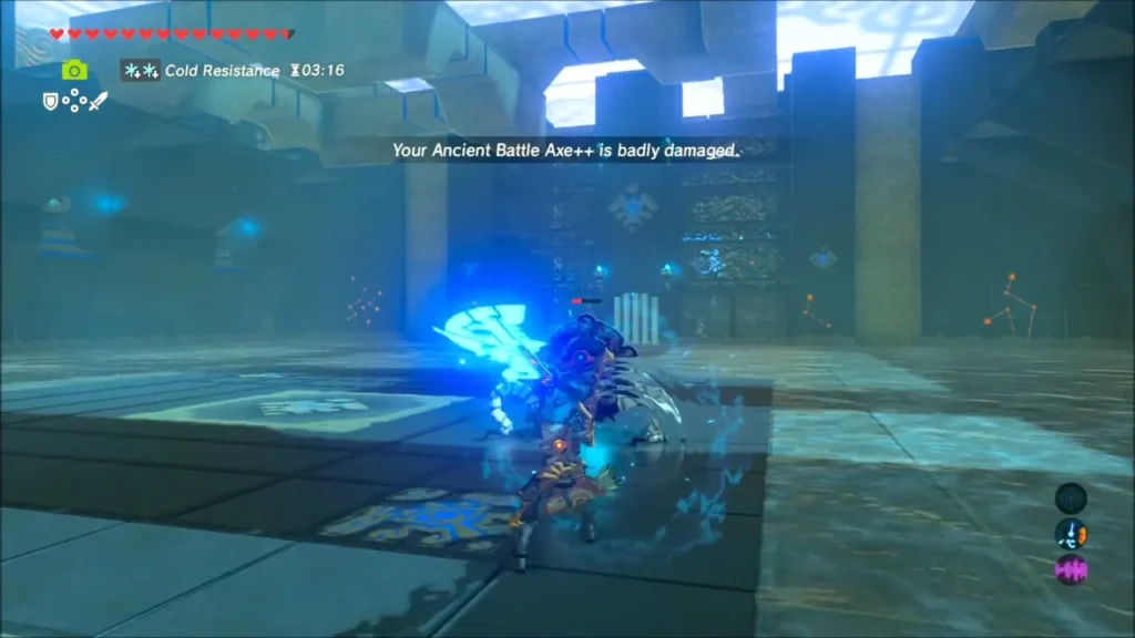 Link fighting the Guardian Scout with a worn ancient axe Link fighting the Guardian Scout with a worn ancient axe