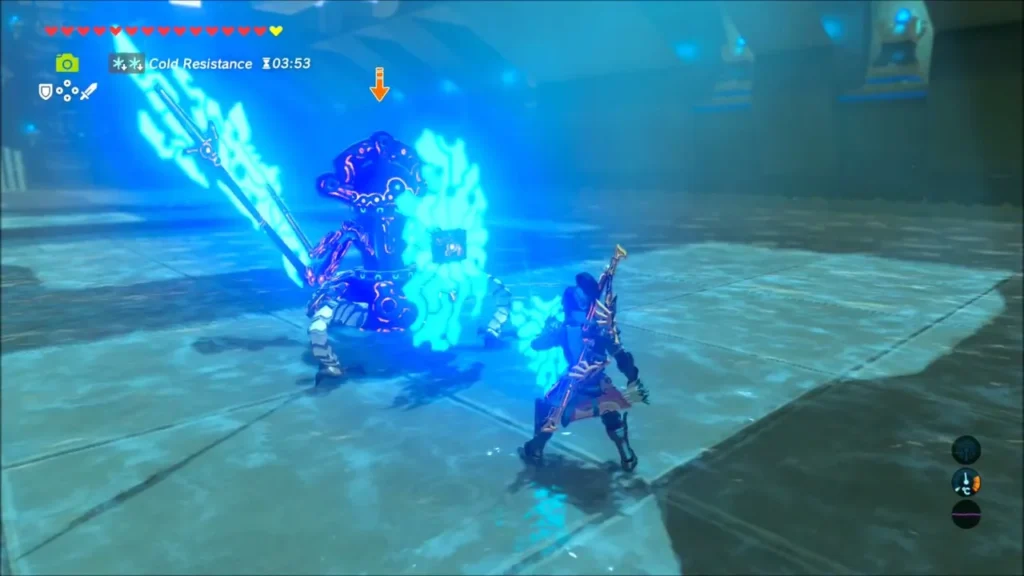 Link dodging beside a Guardian Scout in the Kema Kosassa Shrine arena Link dodging beside a Guardian Scout in the Kema Kosassa Shrine arena