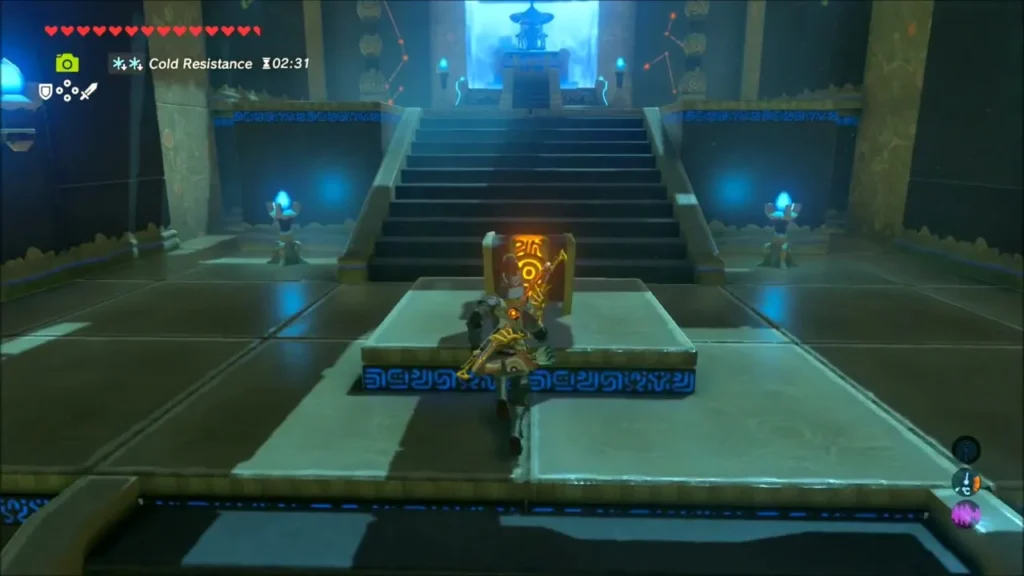Link at the glowing treasure chest on the pedestal before the monk Link at the glowing treasure chest on the pedestal before the monk