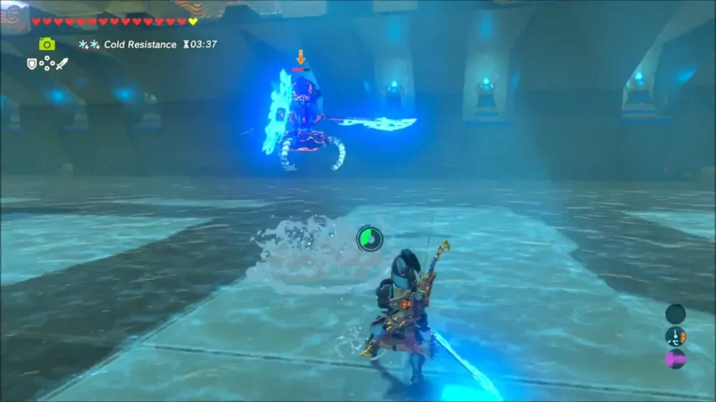 Link keeping distance from a glowing Guardian in the flooded Kema Kosassa Shrine arena Link keeping distance from a glowing Guardian in the flooded Kema Kosassa Shrine arena