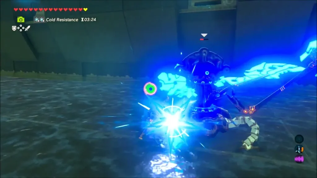 Link landing a flash of a strike on the Guardian in the shrine arena Link landing a flash of a strike on the Guardian in the shrine arena
