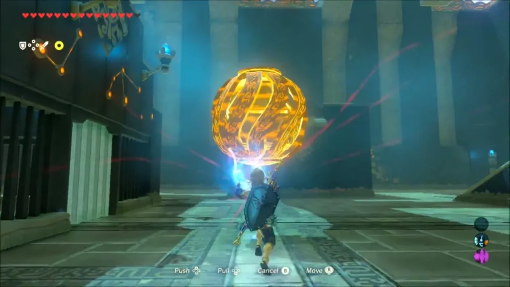 Link carrying the orb down the hall toward the right side Link carrying the orb down the hall toward the right side