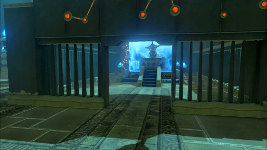 Opened gate with the monk's chamber glowing beyond Opened gate with the monk's chamber glowing beyond