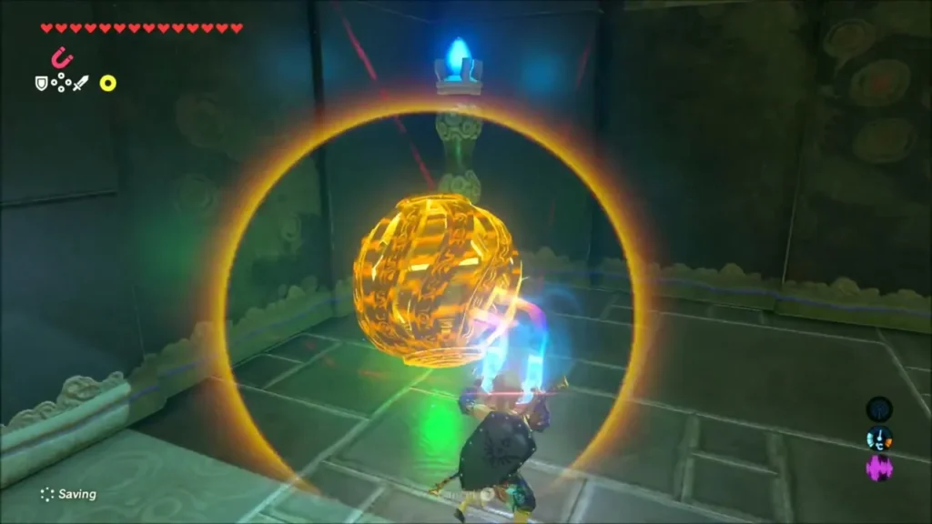 Link lifting the orb out of the cage with Magnesis Link lifting the orb out of the cage with Magnesis