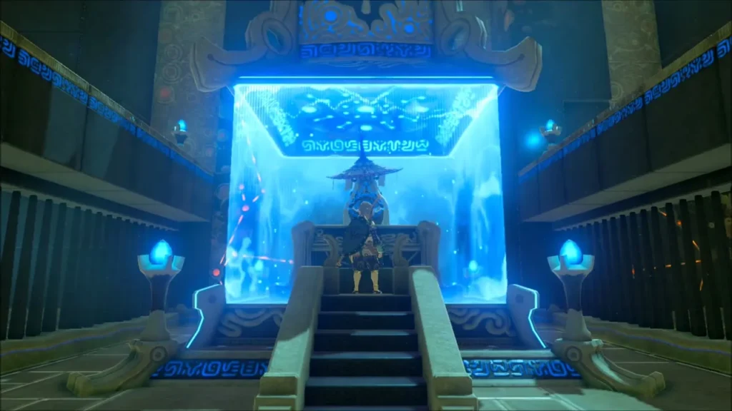 Link standing before the monk in the glowing shrine chamber Link standing before the monk in the glowing shrine chamber