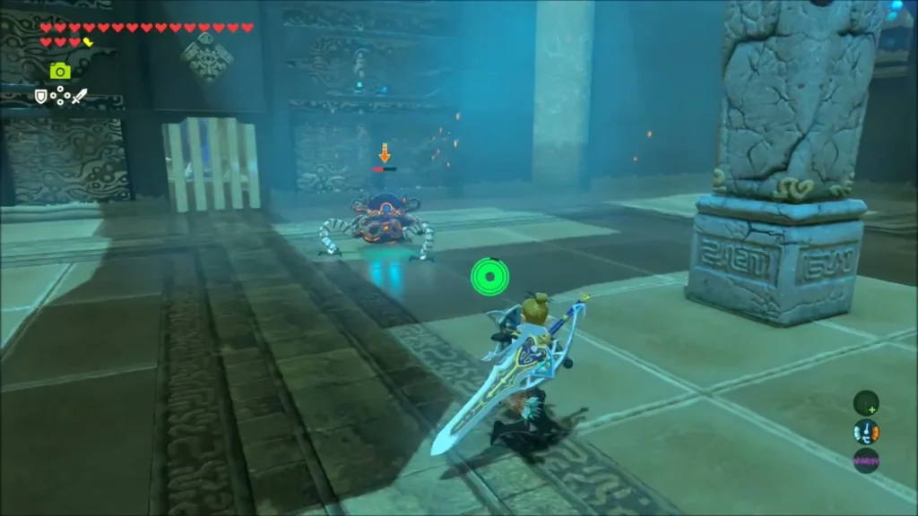 Link holding a glowing blade facing the Guardian in the shrine hall Link holding a glowing blade facing the Guardian in the shrine hall