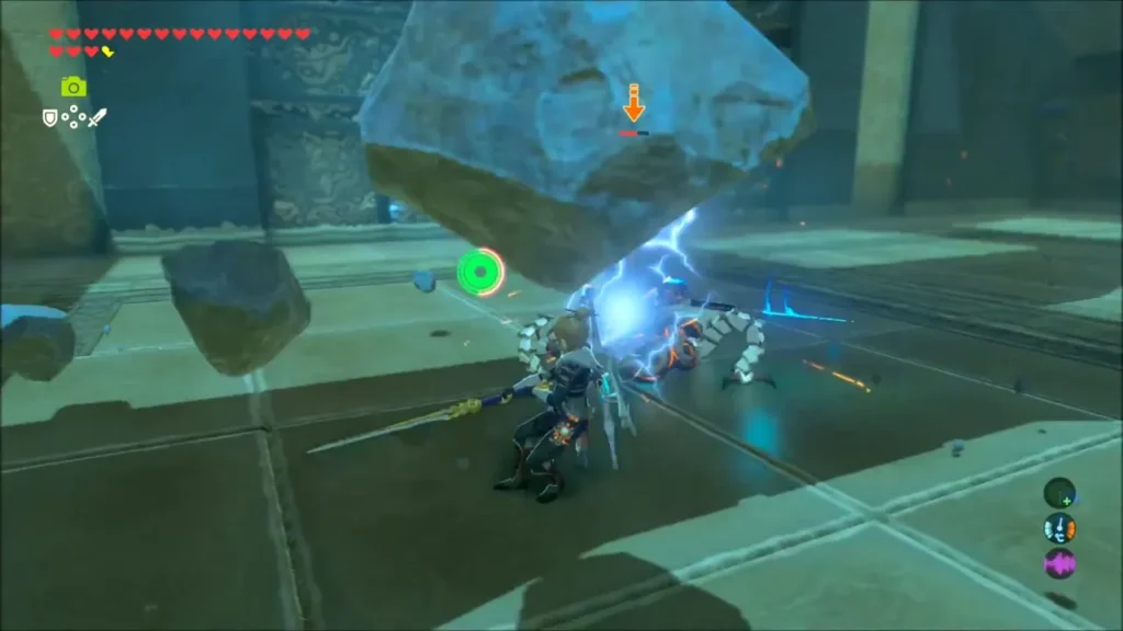 Link hurling a boulder with a spark burst at the Guardian in the shrine Link hurling a boulder with a spark burst at the Guardian in the shrine