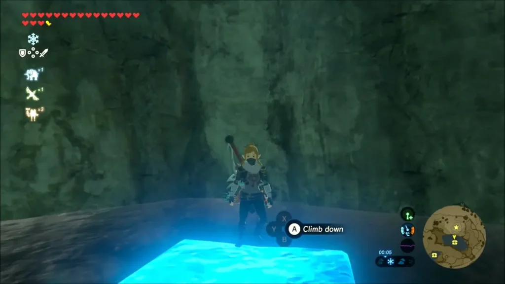 Link standing on an ice block at the cave lake facing the north wall Link standing on an ice block at the cave lake facing the north wall