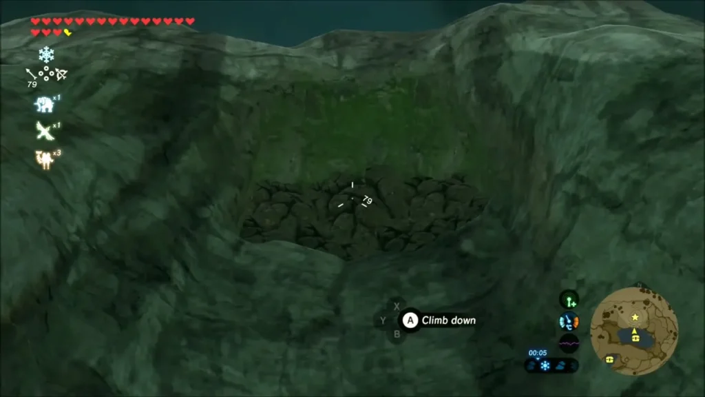 Aiming a bow at the pile of rocks on the cave wall above the lake Aiming a bow at the pile of rocks on the cave wall above the lake