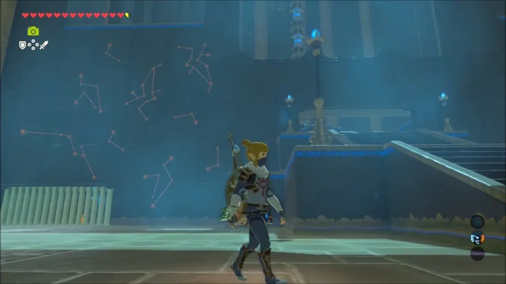 Link before the far wall covered in orange constellations in Keo Ruug Shrine Link before the far wall covered in orange constellations in Keo Ruug Shrine