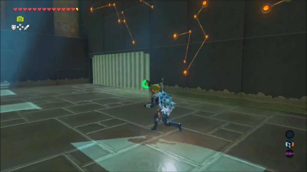 Link beside a sealed gate with new constellations on the wall Link beside a sealed gate with new constellations on the wall