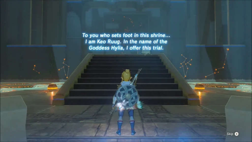 Link facing the stairs of Keo Ruug Shrine with the shrine's greeting and constellations on the walls Link facing the stairs of Keo Ruug Shrine with the shrine's greeting and constellations on the walls