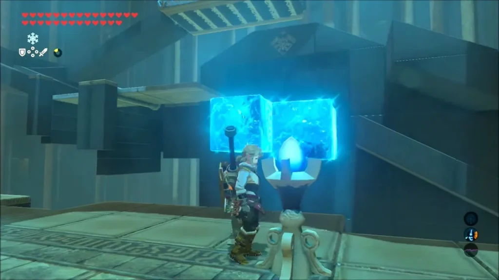 Link standing beside two Cryonis ice blocks in Kiah Toza Shrine Link standing beside two Cryonis ice blocks in Kiah Toza Shrine