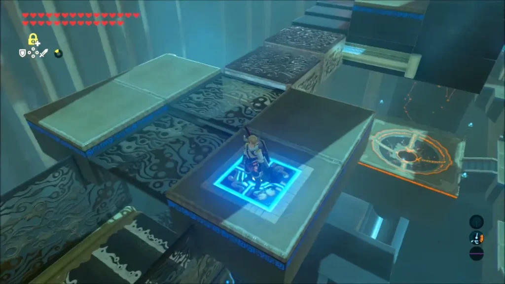 Link on a glowing floor button beside the orb track Link on a glowing floor button beside the orb track