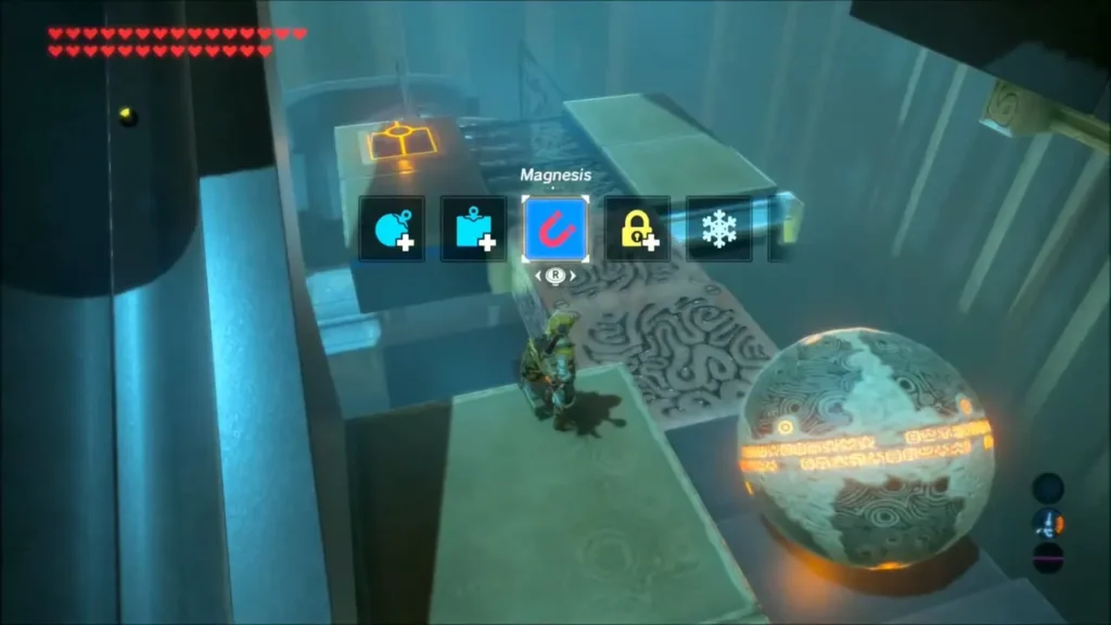 Link choosing Magnesis on a ledge beside the glowing shrine orb Link choosing Magnesis on a ledge beside the glowing shrine orb