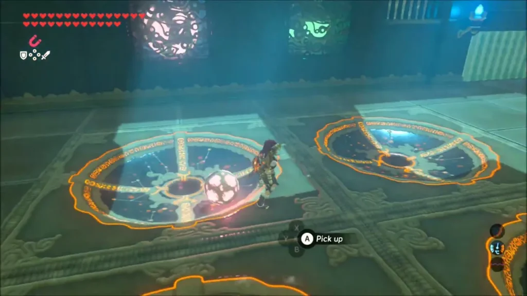 Link beside a glowing orb next to an orange slot in the floor Link beside a glowing orb next to an orange slot in the floor