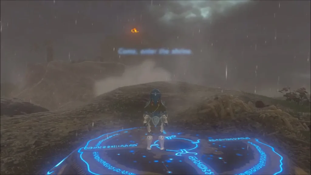 Link without gear on the glowing arrival pad as rain falls over the island Link without gear on the glowing arrival pad as rain falls over the island