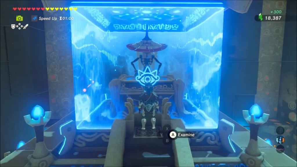 Link at the monk's glowing booth after opening the chest, with +300 rupees shown Link at the monk's glowing booth after opening the chest, with +300 rupees shown