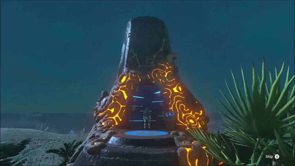 The glowing shrine tower with Link at its lit entrance The glowing shrine tower with Link at its lit entrance