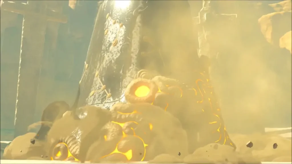 The shrine bursting up from the sand in a cloud of dust The shrine bursting up from the sand in a cloud of dust