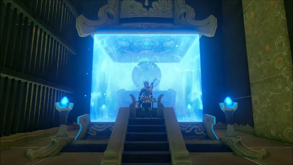 Link at the foot of the altar stairs behind a blue barrier Link at the foot of the altar stairs behind a blue barrier