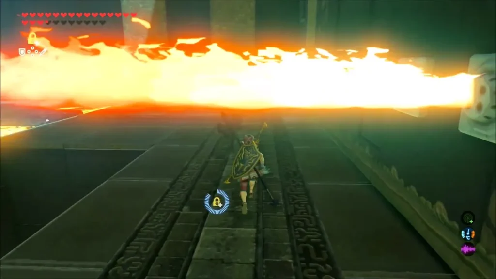 Link walking toward a long horizontal sheet of flame Link walking toward a long horizontal sheet of flame