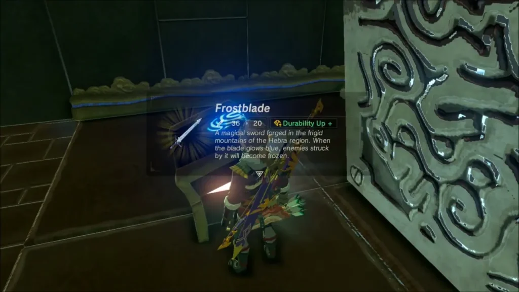 Link holding up the Frostblade from the chest in Kuh Takkar Shrine Link holding up the Frostblade from the chest in Kuh Takkar Shrine
