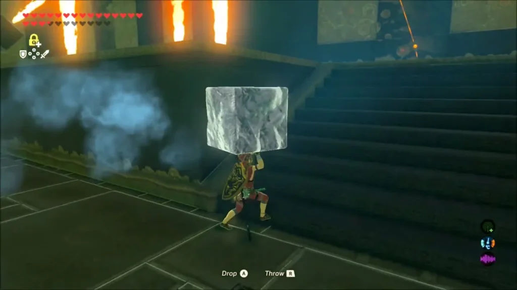Link carrying a block of ice up the stairs past flames Link carrying a block of ice up the stairs past flames