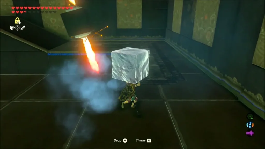 Link holding the ice block away from a fire jet Link holding the ice block away from a fire jet