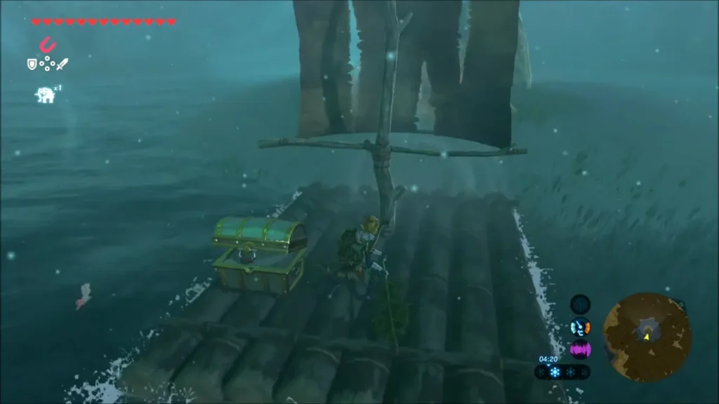 Link sailing the raft with a Korok leaf, chest beside him Link sailing the raft with a Korok leaf, chest beside him