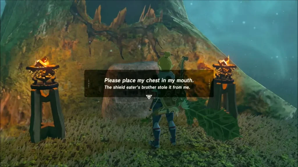 Link at the island tree that asks for its chest in its mouth Link at the island tree that asks for its chest in its mouth