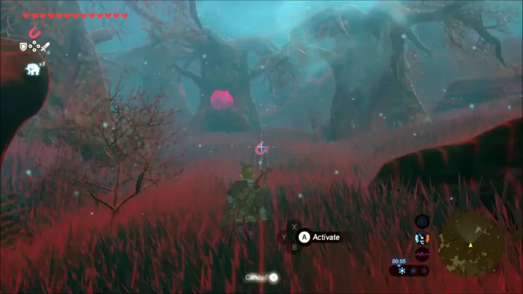 Link using Magnesis in the fog to find glowing metal rocks in tree mouths Link using Magnesis in the fog to find glowing metal rocks in tree mouths