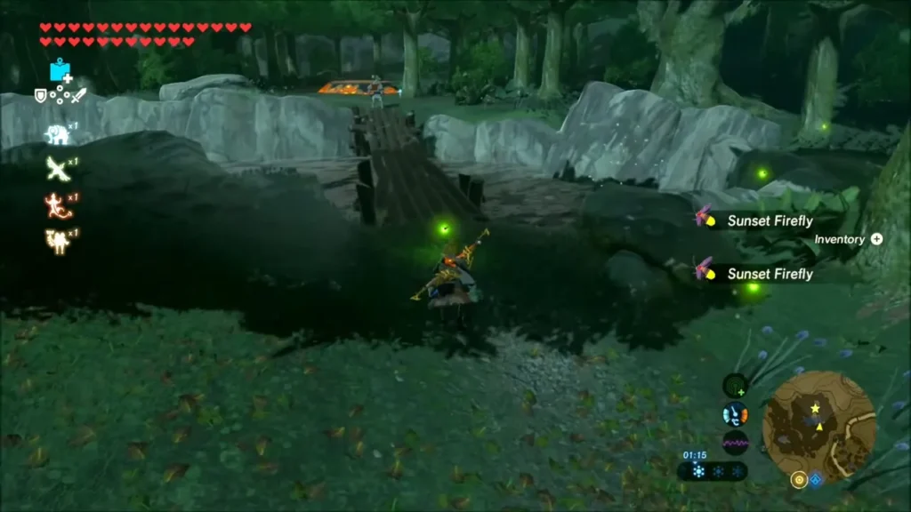 Link crouched near the log bridge as Dorian walks ahead Link crouched near the log bridge as Dorian walks ahead