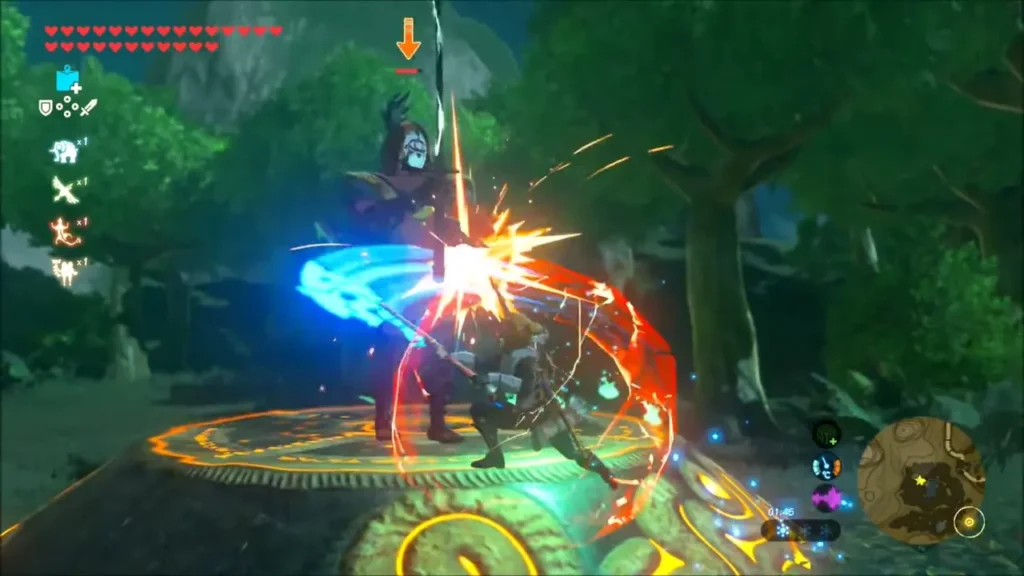 Link clashing with the Yiga Blademaster in a flash of sparks Link clashing with the Yiga Blademaster in a flash of sparks