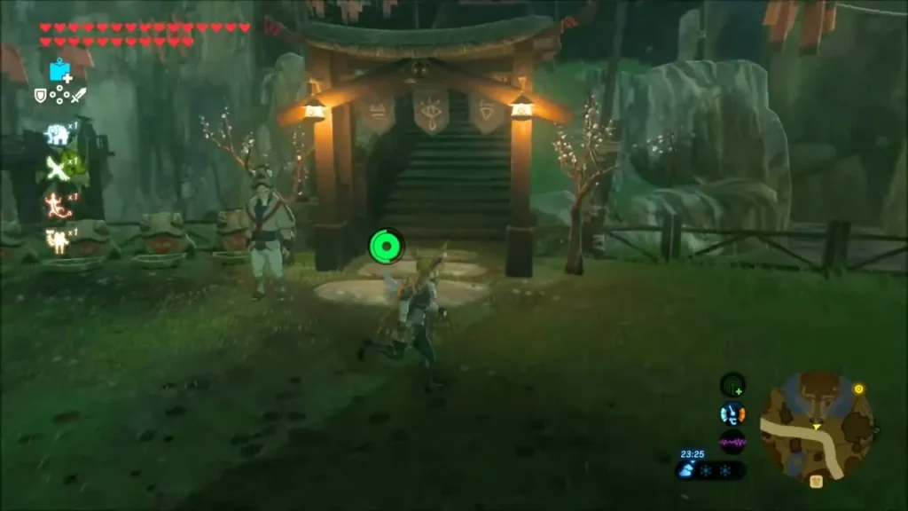 Link running toward the gate of Impa's house in Kakariko at night, a guard beside it Link running toward the gate of Impa's house in Kakariko at night, a guard beside it