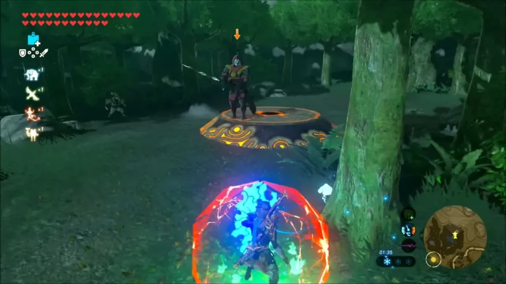 Link guarding behind a shield as the Blademaster stands on the Yiga glyph Link guarding behind a shield as the Blademaster stands on the Yiga glyph