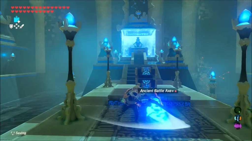 Link opening the chest and receiving the Ancient Battle Axe+ Link opening the chest and receiving the Ancient Battle Axe+