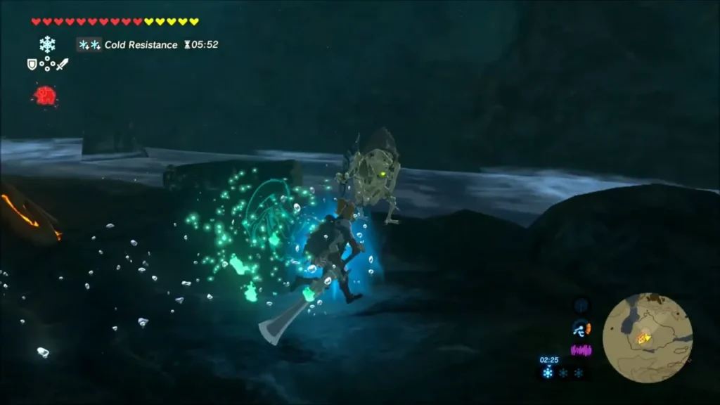 Link fighting a skeleton enemy at the cave entrance Link fighting a skeleton enemy at the cave entrance