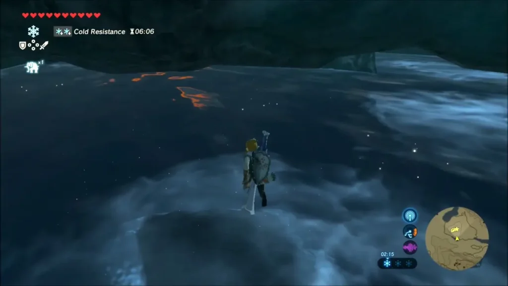 Link crossing the dark river water in the cold toward the cave mouth Link crossing the dark river water in the cold toward the cave mouth