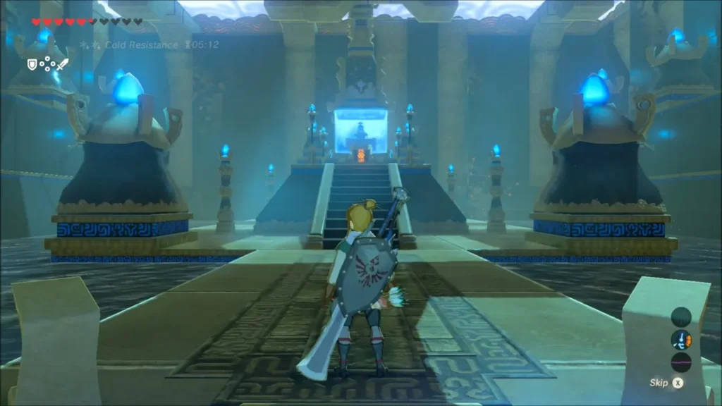Link walking the straight path inside the shrine toward the stairs Link walking the straight path inside the shrine toward the stairs