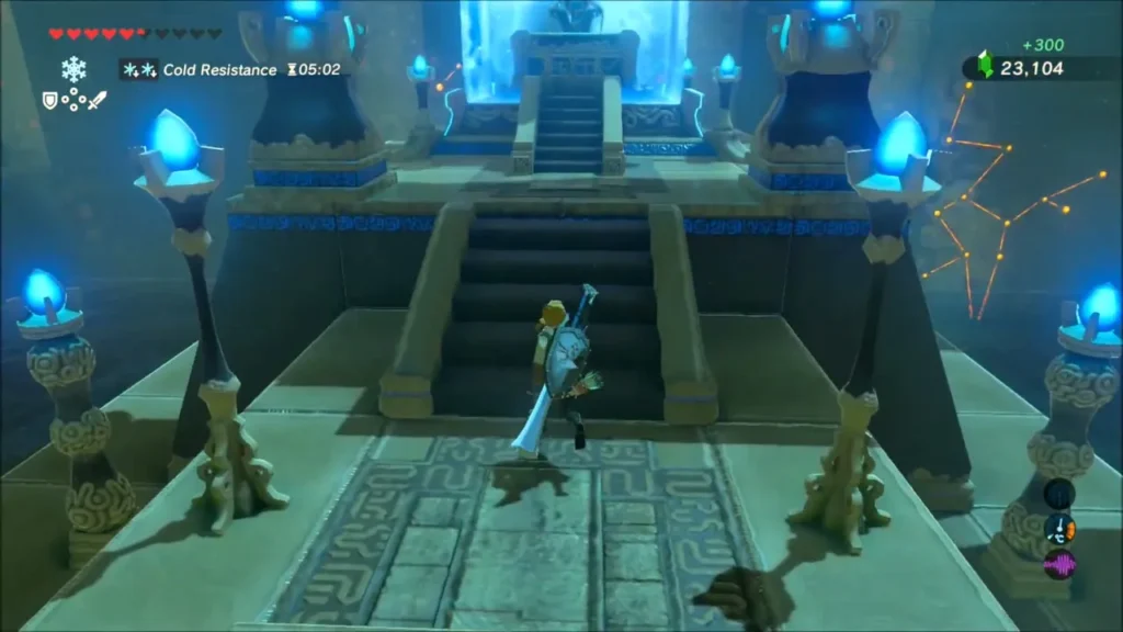 Link climbing the stairs at the end of the shrine hall Link climbing the stairs at the end of the shrine hall