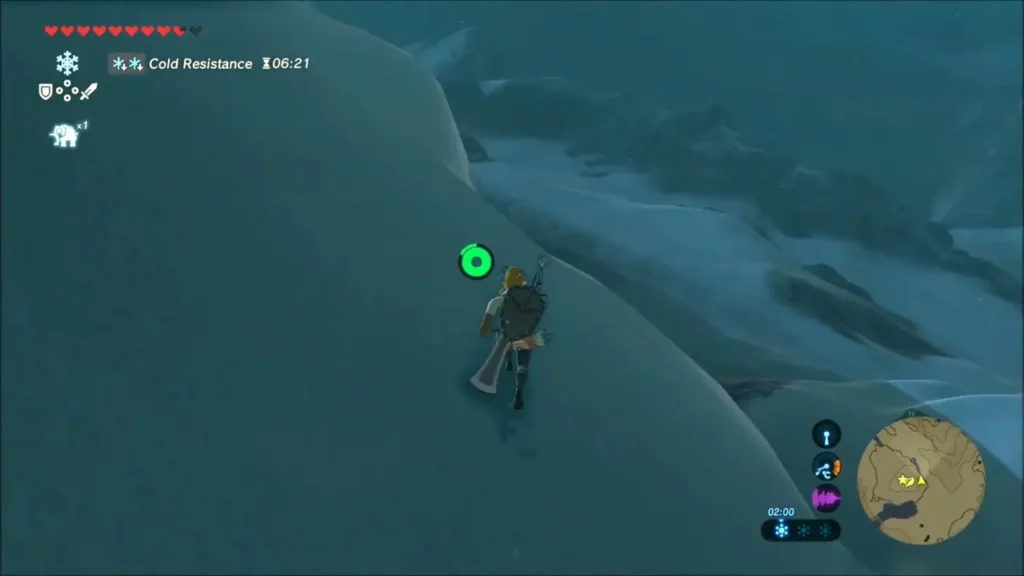 Link running down a snowy slope above the frozen river toward Lanno Kooh Shrine Link running down a snowy slope above the frozen river toward Lanno Kooh Shrine