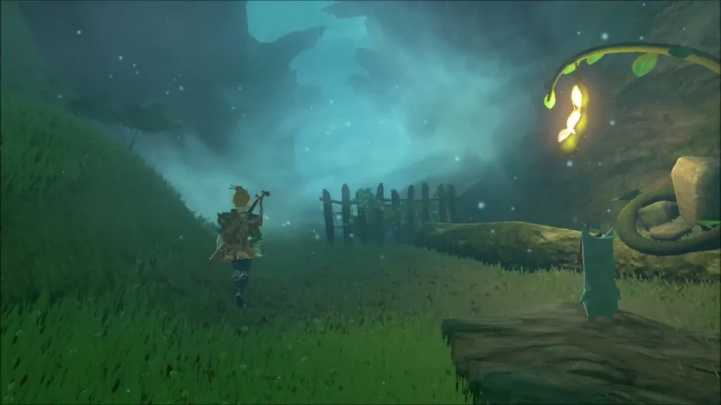 Link walking into the mist toward the swamp past the Korok Link walking into the mist toward the swamp past the Korok